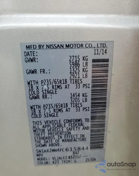 2015 Nissan Pathfinder S из США, поврежденный, VIN 5N1AR2MN4FC615844